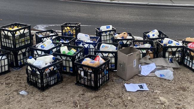 Hundreds of dollars’ worth of milk has been scattered across a busy eastern suburbs roundabout ahead of peak hour. Picture: SA Police