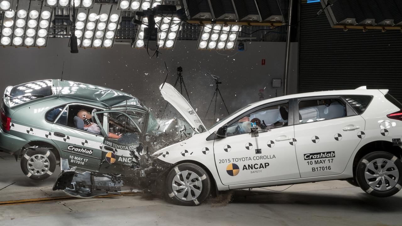 ANCAP crash test: Toyota Corolla 2015 versus 1998 models. Picture: Supplied