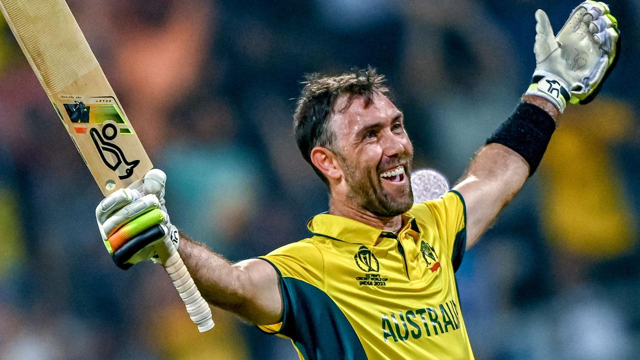 Australia's Glenn Maxwell celebrates after winning the World Cup match against Afghanistan. Photo by INDRANIL MUKHERJEE / AFP