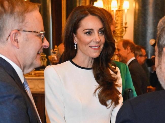 Britain's Catherine, Princess of Wales (C) and Australia's Prime Minister Anthony Albanese (L) attend a Realm Governors General and Prime Ministers Lunch, at Buckingham Palace in London on May 5, 2023, ahead of the coronation weekend. (Photo by TOBY MELVILLE / POOL / AFP)