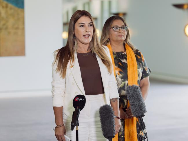 CANBERRA, AUSTRALIA, NewsWire Photos. NOVEMBER 25, 2024: Independent Senator Lidia Thorpe and Greens Senator Mehreen Faruqi at a press conference at Parliament House in Canberra. Picture: NewsWire / David Beach