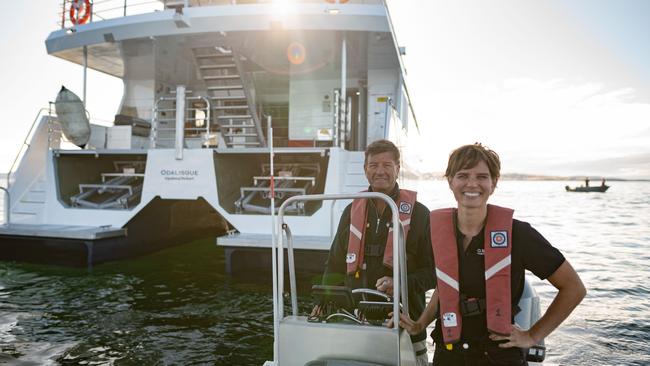 2023 Tasmanian Tourism Awards. On Board’s Pieter and Alice van der Woude in front of expedition vessel Odalisque. Picture: Brad Harris