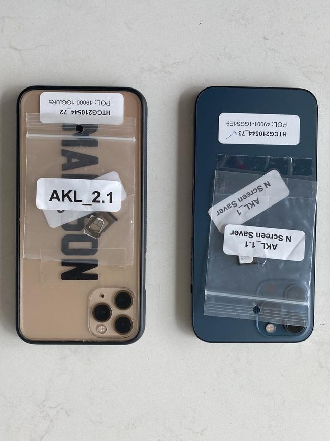 Ms Ashton’s phones after they were seized by NZ police. Picture: Supplied