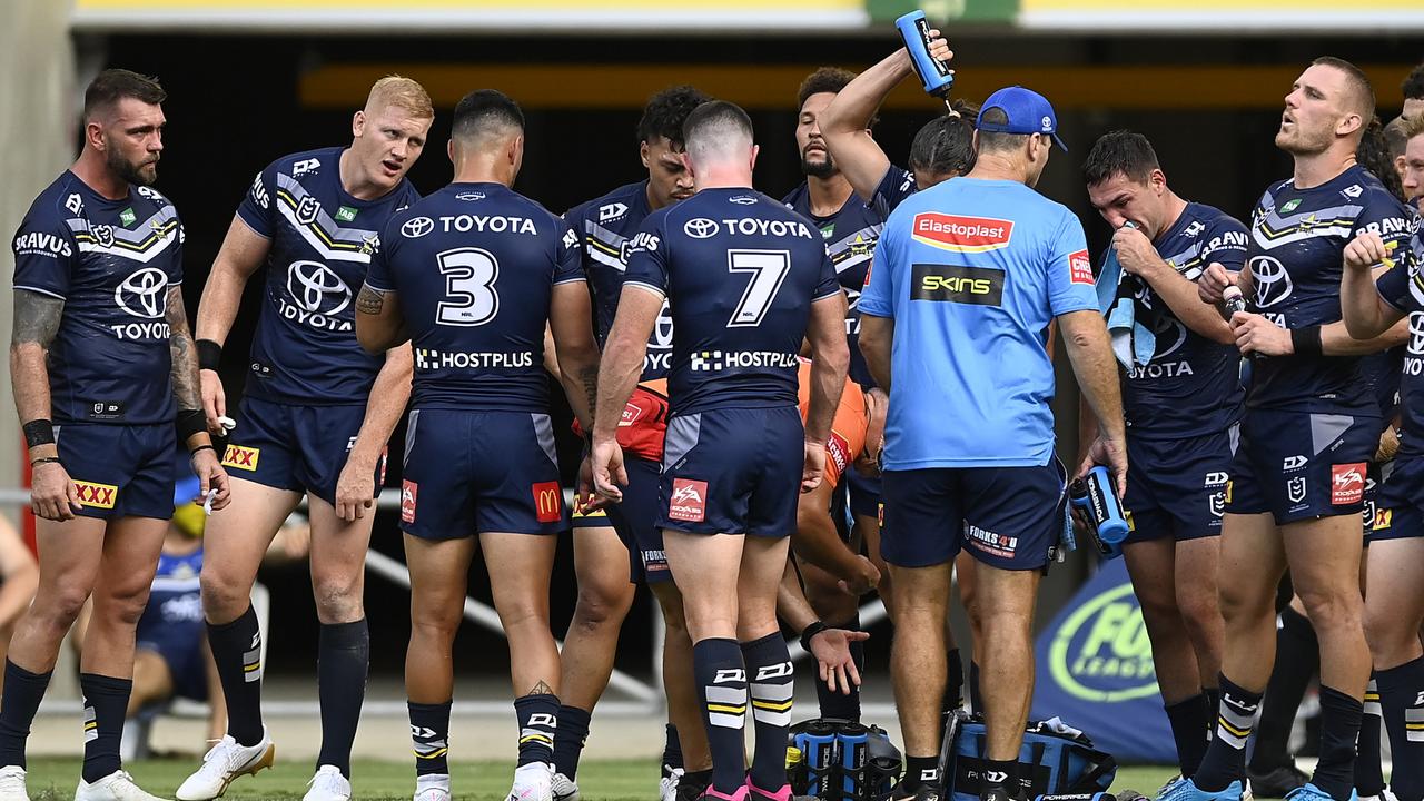 TOWNSVILLE, AUSTRALIA - MARCH 18: The Cowboys stand together during the round three NRL match between North Queensland Cowboys and New Zealand Warriors at Qld Country Bank Stadium on March 18, 2023 in Townsville, Australia. (Photo by Ian Hitchcock/Getty Images)
