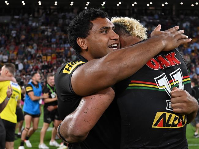 Tevita Pangai Junior of the Panthers and Viliame Kikau of the Panthers celebrate after winning the 2021 NRL Grand Final. Picture: Bradley Kanaris/Getty Images