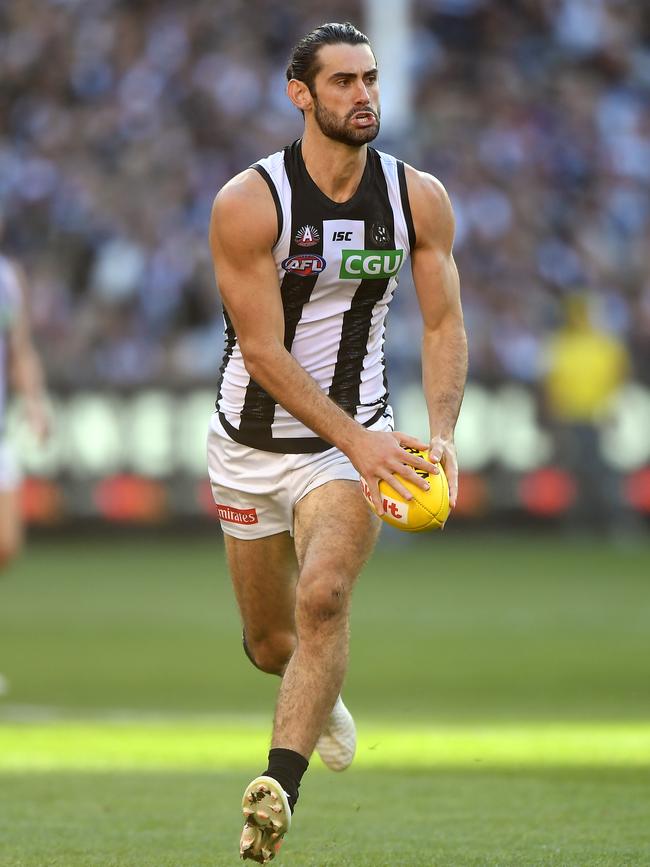 Grundy playing for the Magpies on ANZAC Day in 2019. Picture: AAP Image/Julian Smith