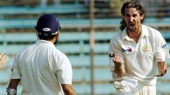 Jason Gillespie celebrates the wicket of Sachin Tendulkar in India in 2004.