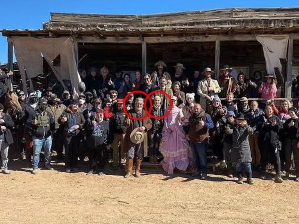 Alec Baldwin and Halyna Hutchins (circled) are pictured together on the set of Rust. There had been labour unrest on the set leading up to the shooting. Picture: Instagram