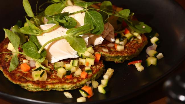 The Paradox does many awesome dishes including broccoli and cauliflower fritters with free range poached eggs, sun dried tomato, pesto and raw zucchini salsa. Picture by Scott Fletcher