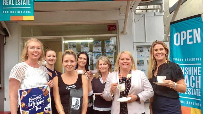 CUPPA TIME: Sunshine Beach Real Estate's Penny Gardner, left, Caitlyn McConnell, Rachael from Costa, Emily Brett, Sue Jess, Amanda Williams and Karen Brown.