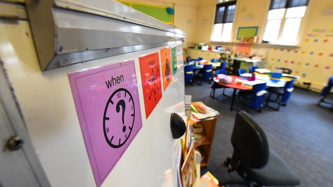 A class room exervise is seen on a white board in an empty class room at a primary school in Melbourne’s inner north. Picture: AAP