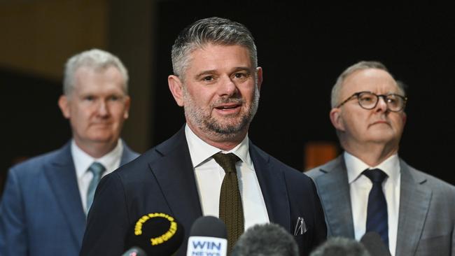 National Gallery of Australia director Nick Mitzevich with Anthony Albanese and Arts Minister Tony Burke on April 5 during a gallery tour. Picture: NCA NewsWire / Martin Ollman