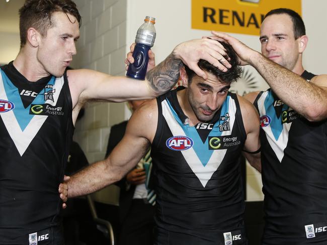 Cameron O'Shea and Matthew Broadbent with Dom Cassisi after the song. Photo Sarah Reed.