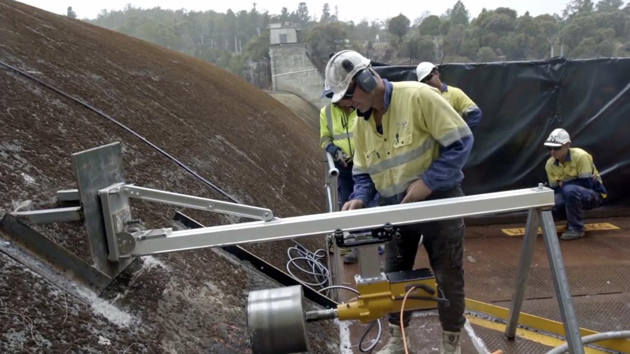 Drilling a bypass in the Trevallyn Dam for short-finned eels. Picture: Hydro Tasmania