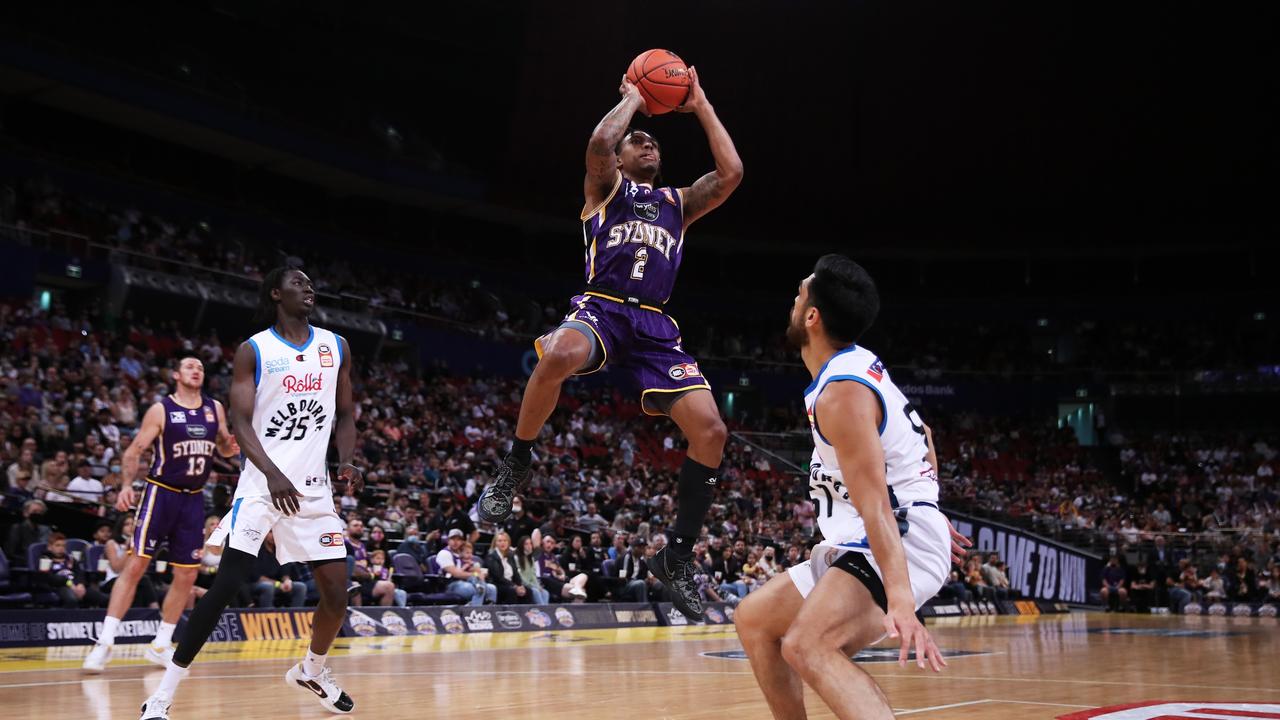 Jaylen Adams shoots during the NBL clash between the Sydney Kings and Melbourne United.