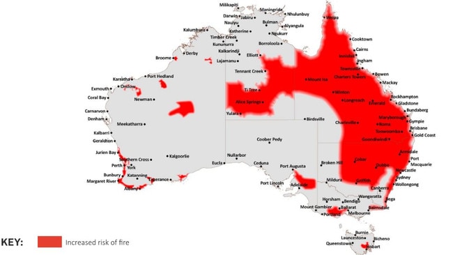 Areas most as risk of bushfire in the 2023/24 summer, according to the AFAC Season Outlook.