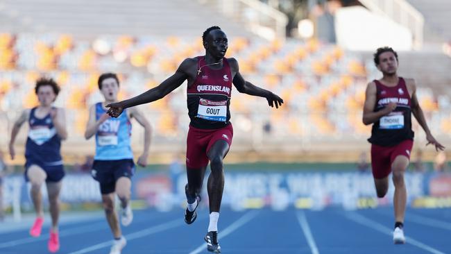 Gout Gout wins the final of the boys' U18 200m in a national record time of 20.04sec during the 2024 Australian All Schools Athletics Championship in Brisbane. Picture: Getty Images