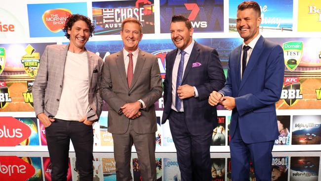 Seven CEO Tim Worner, 2nd from left, with members of My Kitchen Rules cast. Picture: James Croucher