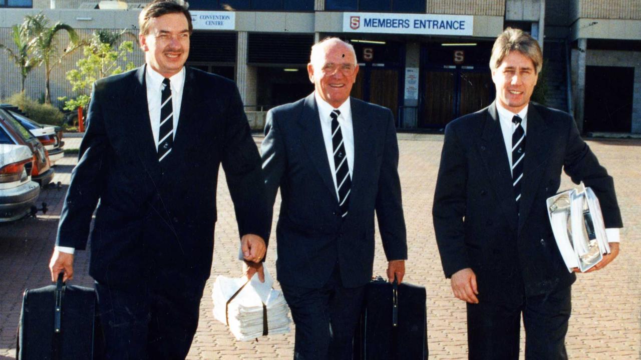 Barry Wilson (middle) leaves Football Park with Port Adelaide president Greg Boulton (left) and chief executive Brian Cunningham after arguing the club’s case for AFL inclusion. Picture: Ray Titus