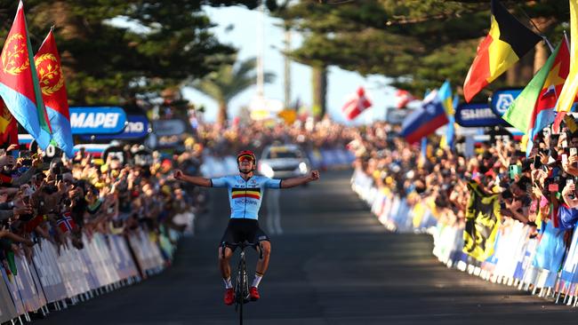 Remco Evenepoel of Belgium celebrates at finish line as race winner during the 95th UCI Road World Championships 2022, Men Elite Road Race a 266.9km race from Helensburgh to Wollongong. (Photo by Con Chronis/Getty Images)