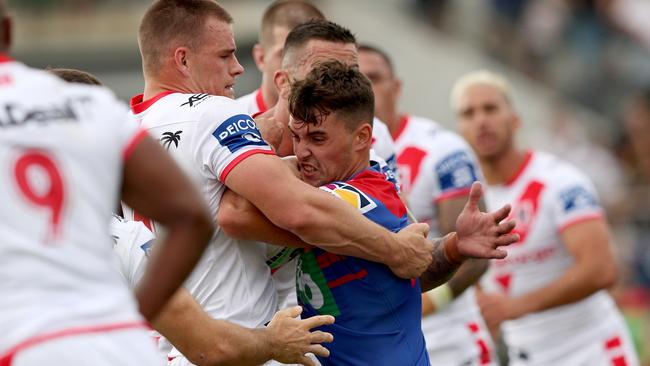 Knights fullback Tex Hoy takes on the Dragons defence. Picture: Shane Myers/NRL Photos