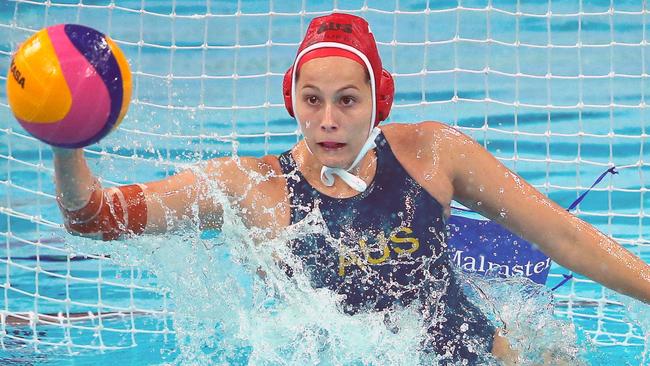 BEIJING, CHINA - JUNE 05: Goalkeeper Kelsey Wakefield of Australia reaches for the ball during day fifth of the FINA Women's World League Super Final 2013 match between Australia and Spain at National Aquatics Center on June 5, 2013 in Beijing, China. (Photo by Lintao Zhang/Getty Images)