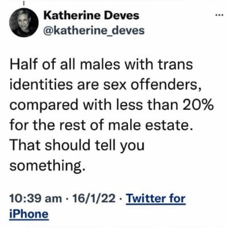 Ms Deves tweeted a derogatory claim about trans men. Source: Twitter