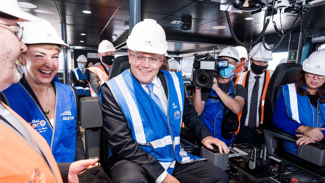 Prime Minister Scott Morrison visits Austral Ships in the seat of Fremantle, WA. Picture: James Brickwood / Pool Image / News Corp Australia