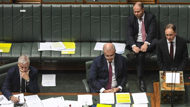 From left: Deputy Prime Minister Michael McCormack, Prime Minister Scott Morrison, Treasurer Josh Frydenberg and Health Minister Greg Hunt in Question Time yesterday. Picture: AAP