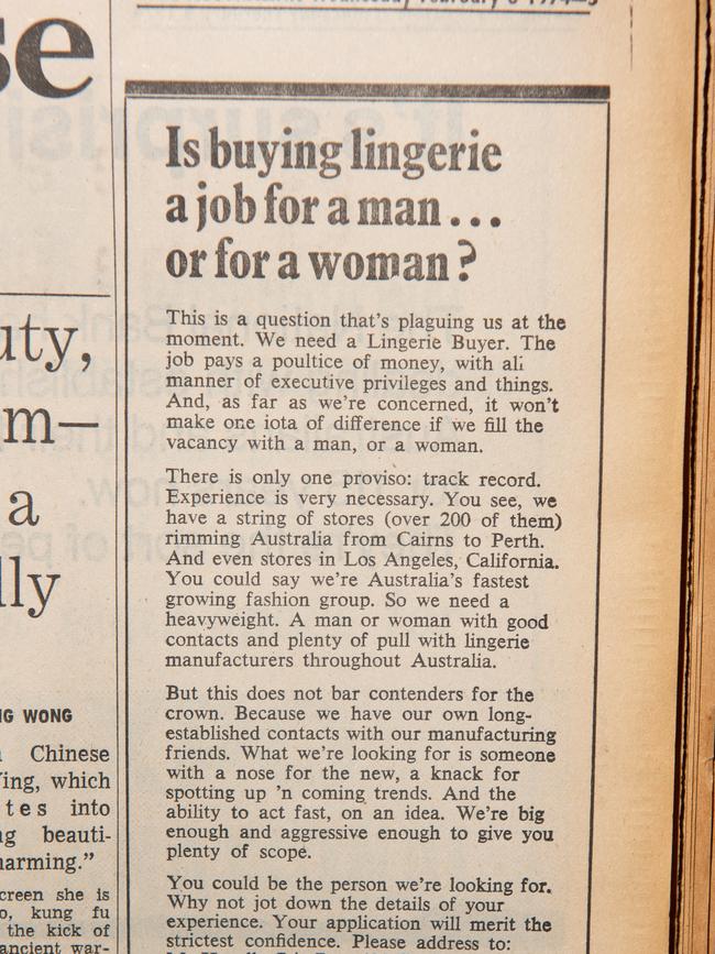 An advertisement for the position of Lingerie Buyer for Sussan in 1974.