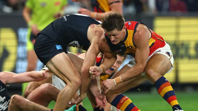 Matt Crouch’s bump on Jack Carroll earnt a week’s suspension. Picture: Quinn Rooney/Getty Images