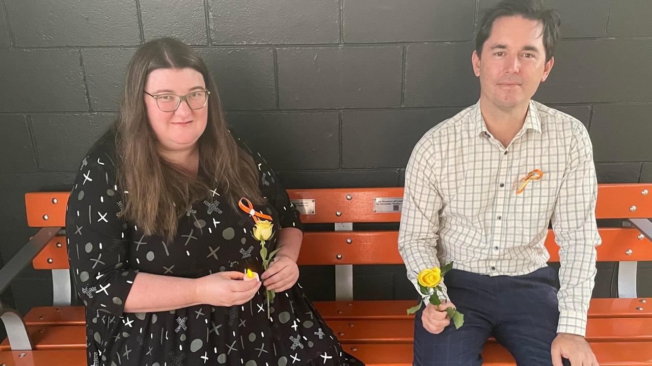 Fraser Coast Chronicle reporter Carlie Walker and Fraser Coast Mayor George Seymour at the memorial for Linda Lovett.