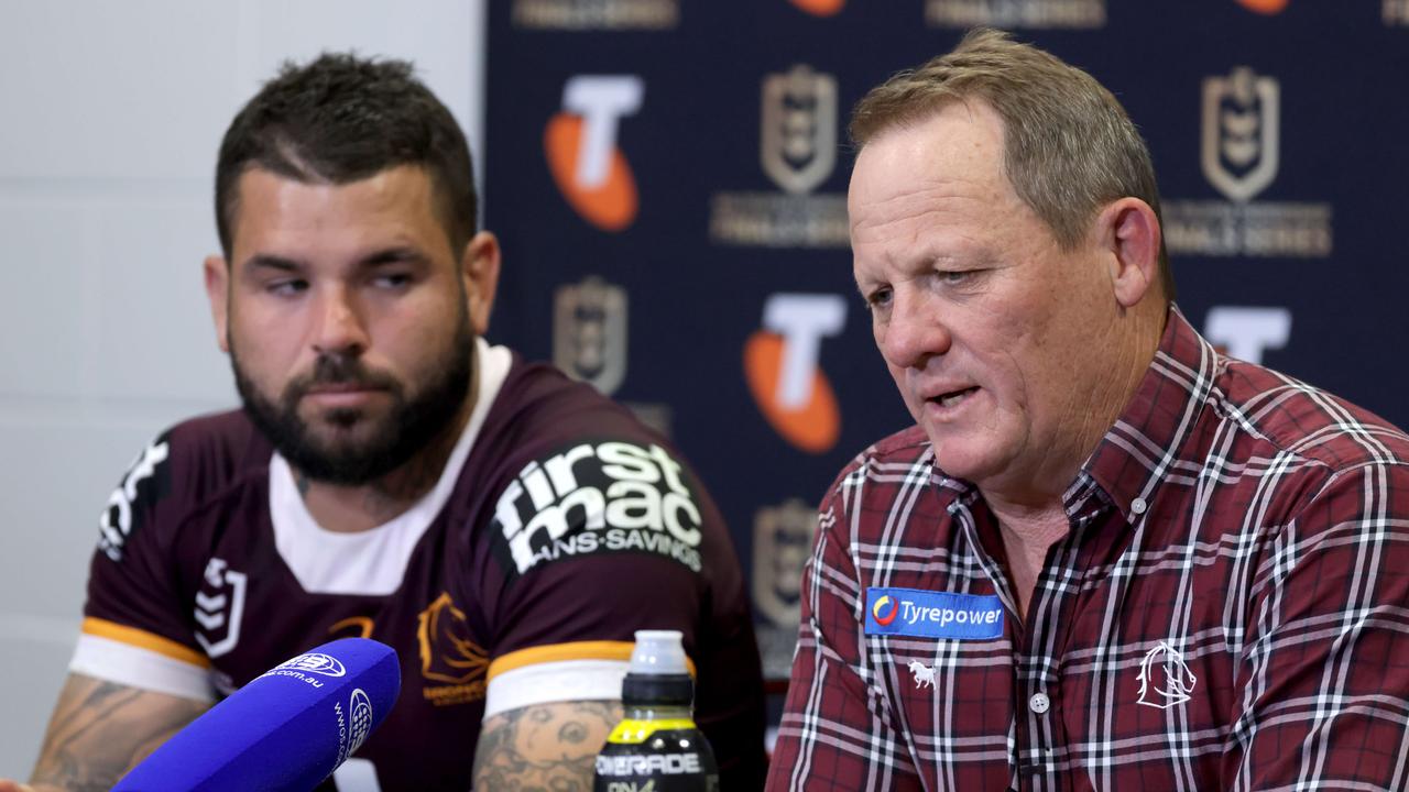 Adam Reynolds and Coach Kevin Walters, Broncos VÃ&#149;s Warriors, at Suncorp stadium Brisbane, 23rd September 2023 - Photo Steve Pohlner