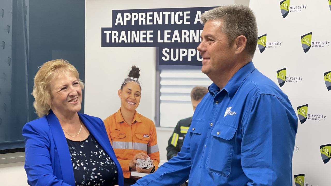 Member for Capricornia, Michelle Landry and Pierre Viljoen at the EV and energy training facility funding announcement 13 May 2022. Picture: Max O'Driscoll