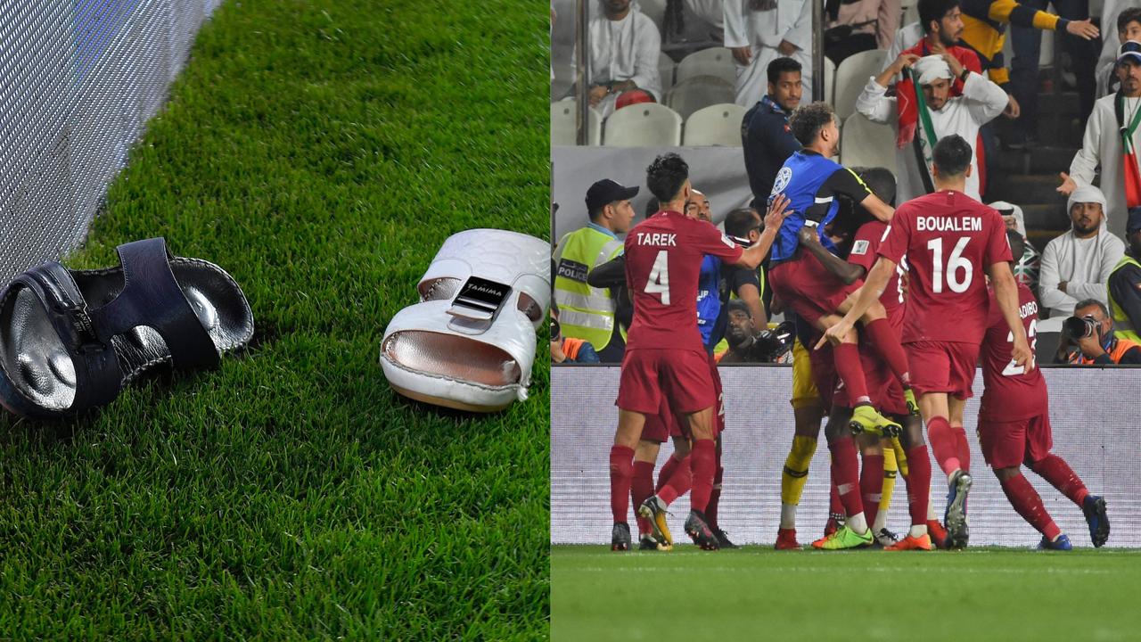 Qatar smashed UAE 4-0 to reach the Asian Cup final... but some fans threw sandals and bottles as they celebrated