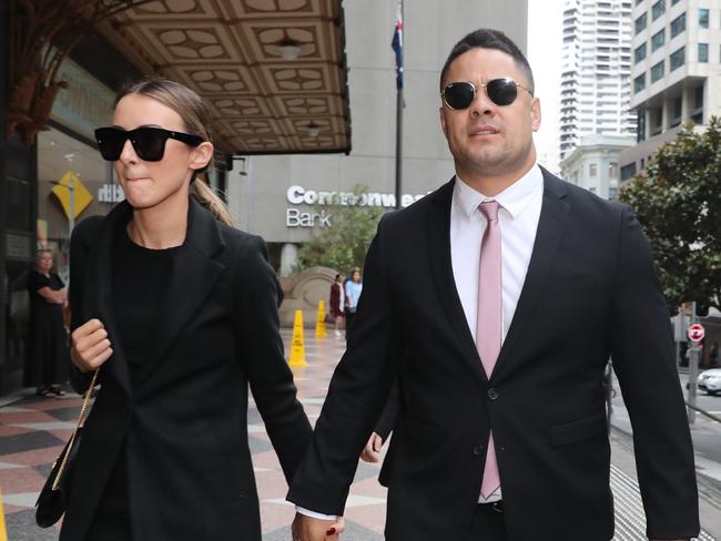 SYDNEY, AUSTRALIA - NewsWire Photos MARCH 18, 2021 - Former NRL superstar Jarryd Hayne and his wife Amelia Bonnici arriving at the Downing Centre Court in Sydney. Picture: NCA NewsWire / Christian Gilles