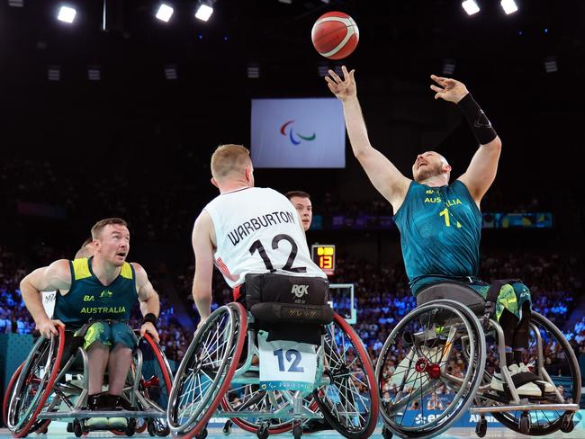 Tom O'Neill-Thorne (right) shoots over Gregg Warburton of Team Great Britain during the Men's Quarterfinal match between against Great Britain. Picture: Alex Slitz/Getty Images.