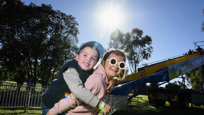 Miles Death gets a ride on Payten Belford at Sadie's Day Out, a special community event to celebrate the life of five-year-old crash victim Sadie, held at Cambooya State School, Saturday, June 7, 2025. Picture: Kevin Farmer