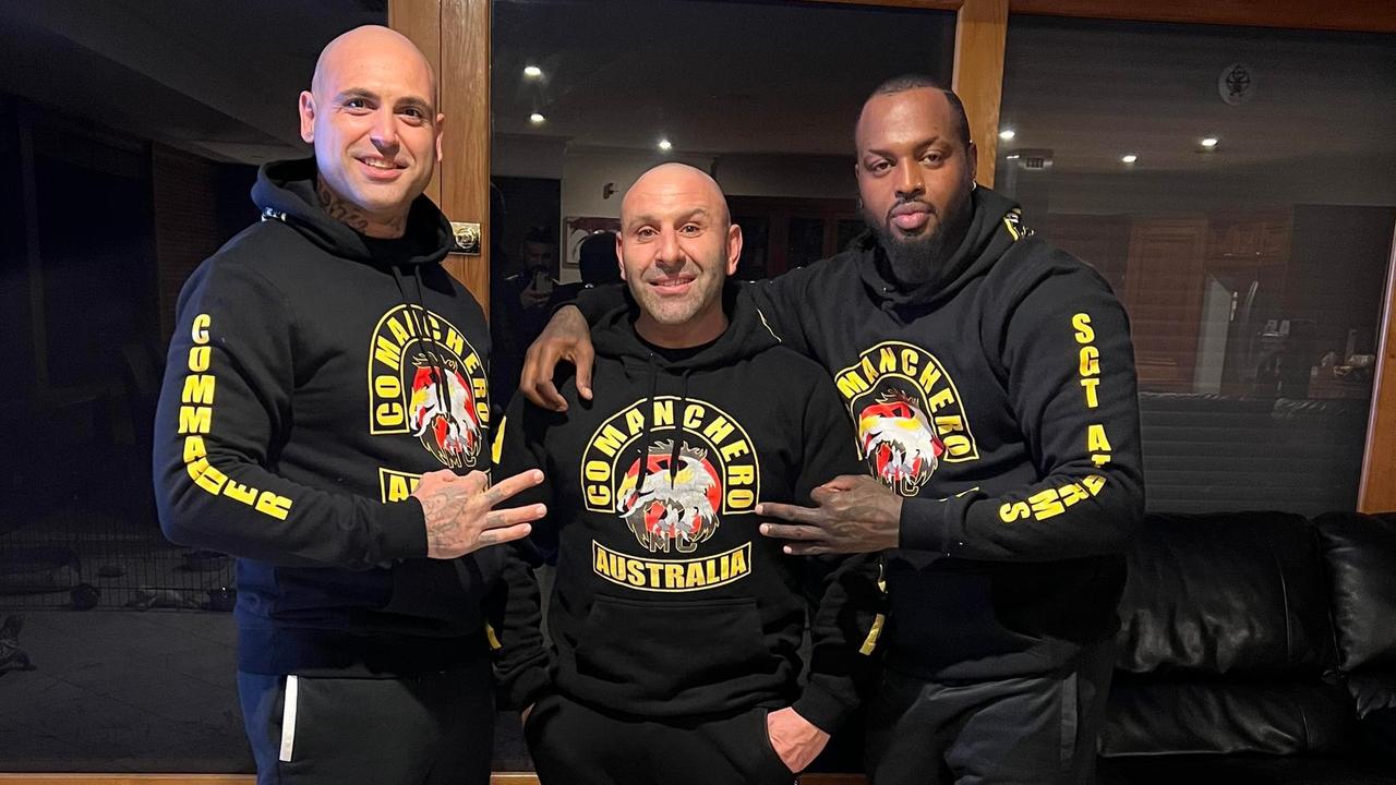 Comanchero Commander Stefanos Anagnastopolous (left), Matthew Kokotis (middle) and Sergeant at Arms Nelson Erneo. Picture: Facebook