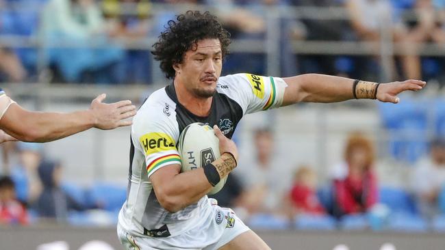 Corey Harawira-Naera of the Panthers runs with the ball during the Round 22 NRL match between the Gold Coast Titans and the Penrith Panthers at Cbus Super Stadium on the Gold Coast, Saturday, August 11, 2018. (AAP Image/Glenn Hunt) NO ARCHIVING, EDITORIAL USE ONLY