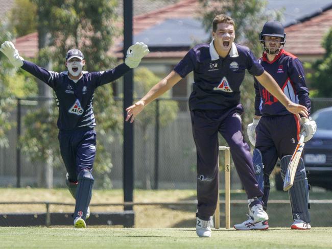 Premier Cricket: Dandenong v Geelong. Geelong keeper Liam Blackford,  bowler Dom McGlinchey and Dandenong batter Joshua Slater.  Picture: Valeriu Campan