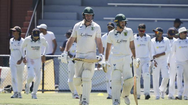 Cricket Southern Bayside, Division 1: Carnegie v Parkdale United played at Koornang Park, Carnegie. Parkdale batters Leigh Heinrichs and Calum Ravesi walk on the ground after tea. Picture: Valeriu Campan