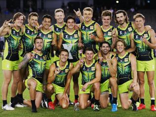 Team Rampage celebrate with the AFLX trophy. Picture: Getty