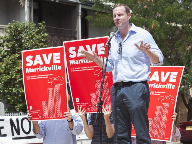 Inner West Mayor Darcy Bryne at a protest against overdevelopment. Picture: AAP/Matthew Vasilescu