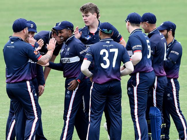 VSDCA Cricket: Yarraville v Werribee at Yarraville Oval. Opening batsman James Freeman was caught out by Ashane De Silva off the bowling of Zachary Koch, the team celebrate. Picture: Steve Tanner