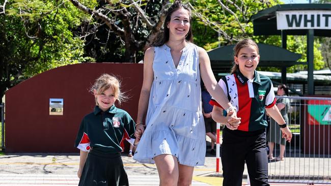 The Queensland Labor government has committed $57 million in funding for new infrastructure for Cairns schools, should they be reelected, including $20 million for a news performing arts centre at Whitfield State School. Cassie Goodhew's two daughters Mila Goodhew, 6, and Ava Goodhew, 9, both study music at Whitfield State School and would benefit from a new art centre. Picture: Brendan Radke