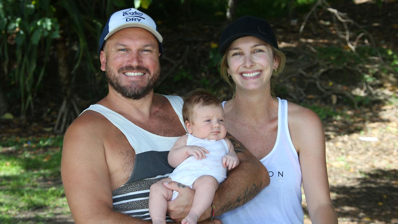 Locals Dylan Champion and six week old daughter Rosie Lee with partner Alex Morrison. Picture Glenn Hampson