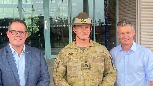 Solomon MP Luke Gosling, Brigadier Doug Pashley and Assistant Defence Minister Matt Thistlethwaite in early 2024.