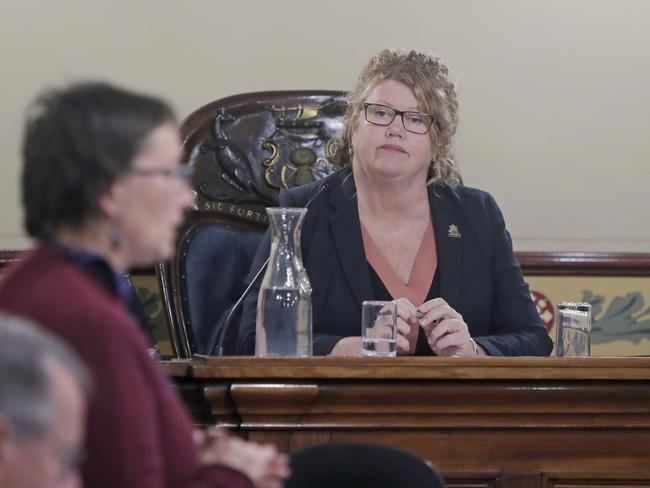 Lord Mayor Anna Reynolds listens as Deputy Lord Mayor Helen Burnet speaks on the climate emergency motion. Picture: PATRICK GEE