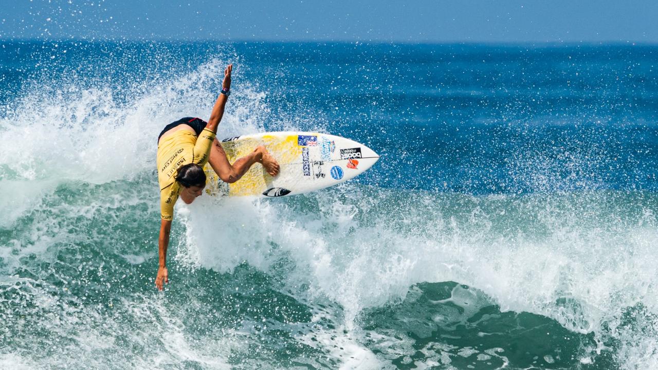 Sally Fitzgibbons surfing to her gold medal at the world game. Pic: Surfing Australia